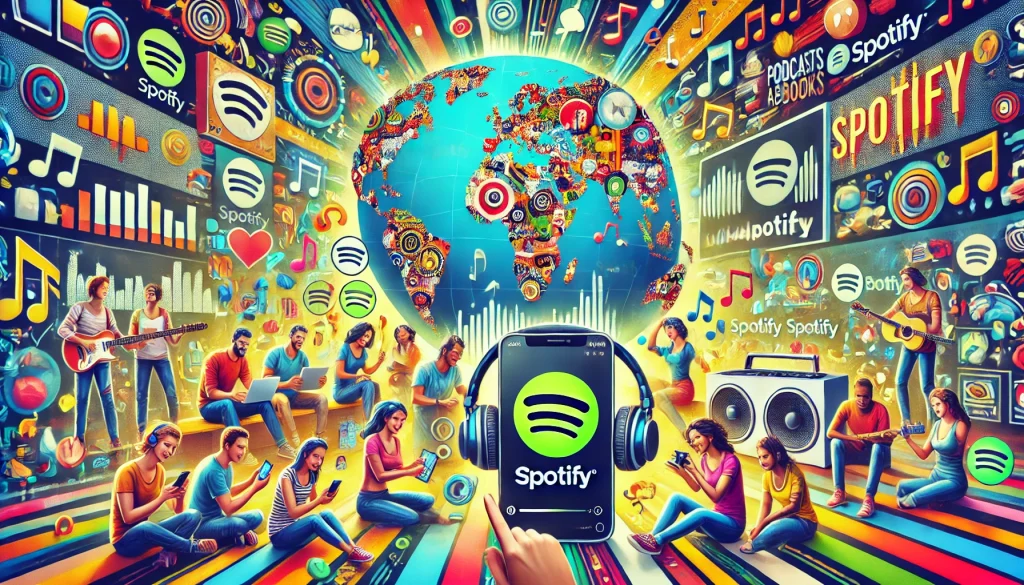 Spotify's global reach with diverse content on multiple devices, connecting a vibrant, worldwide community